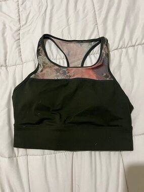 Fabletics Black Sports Bra with Floral Mesh Yoke